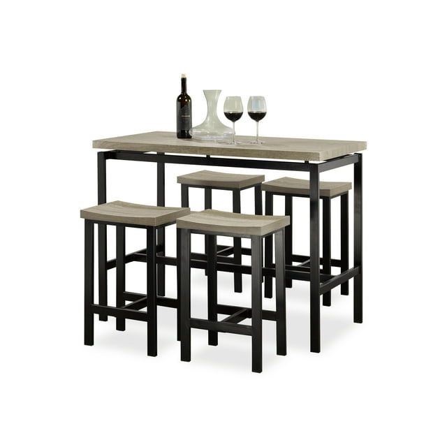 Ensemble Pub 5 Pcs en Placage Gris Vieilli avec Tabourets de Pub Gris Vieilli