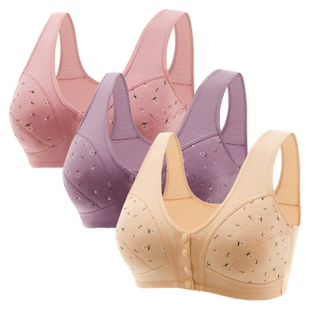 Black of Friday Deals!Clearance Staron 3PC Daisy Bras for Older Women Front Closure No Underwire Bras Stretch Wireless Bras Comfortable Breathable Bra Large Size Bras