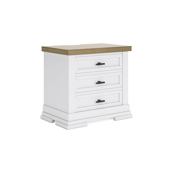 Signature Design by Ashley Ashbryn Three Drawer Farmhouse Style Nightstand – White & Natural Brown, USB Charging, Spacious Storage, Dovetail Drawers