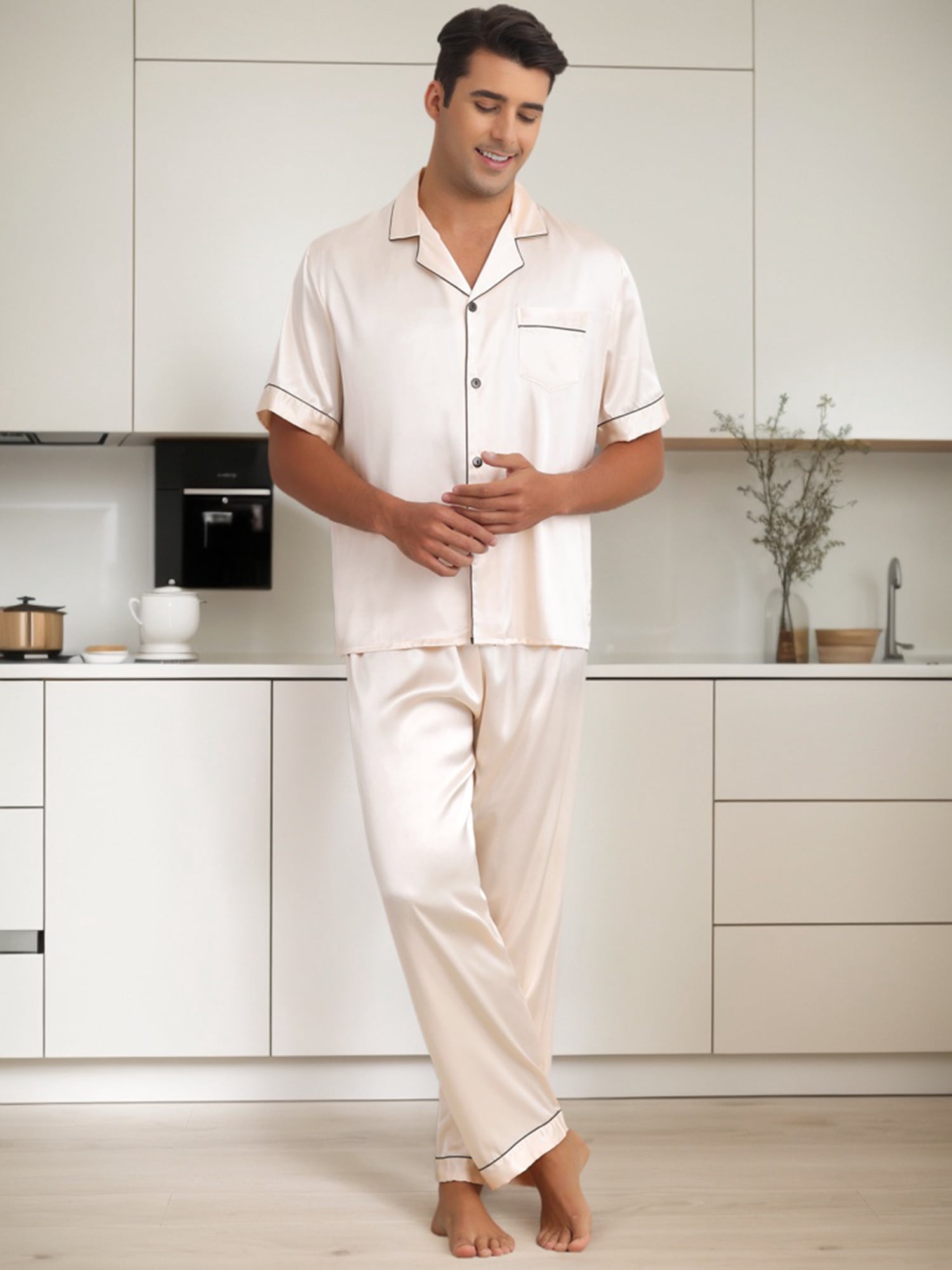 DARING DIVA Men's 2-Piece Pajama Set Button Down Short Sleeve Shirt Pants S Champagne