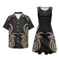 thumbnail image 5 of Garronmavis Matching Vacation Outfits for Couples Mens Button Down Shirt Short Sleeve Shirt and Women Beach Vacation Casual Sundress Black Polynesian Sleeveless Dress Size M, 5 of 7