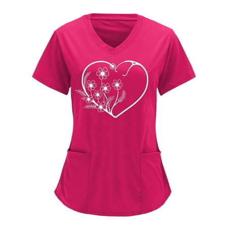 

Scrubs Tops Women Summer Short Sleeve Casual V Neck Heart Shaped Printed Working Uniform Blouse Scrub Shirt