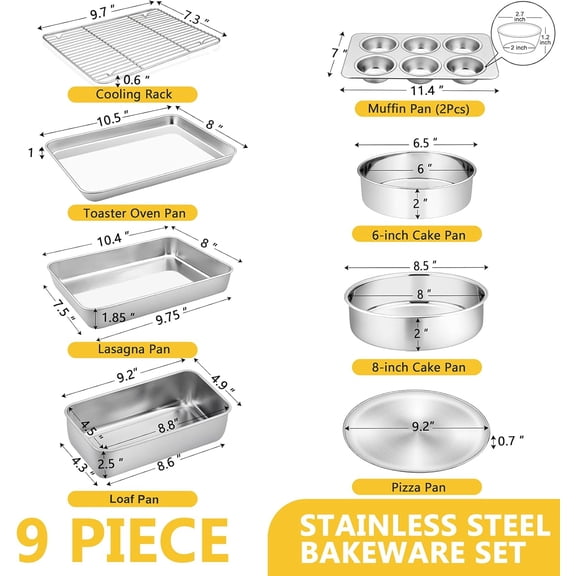 9 Pcs Bakeware Set - Stainless Steel Kitchen Bakeware Pans for Baking and Cooking