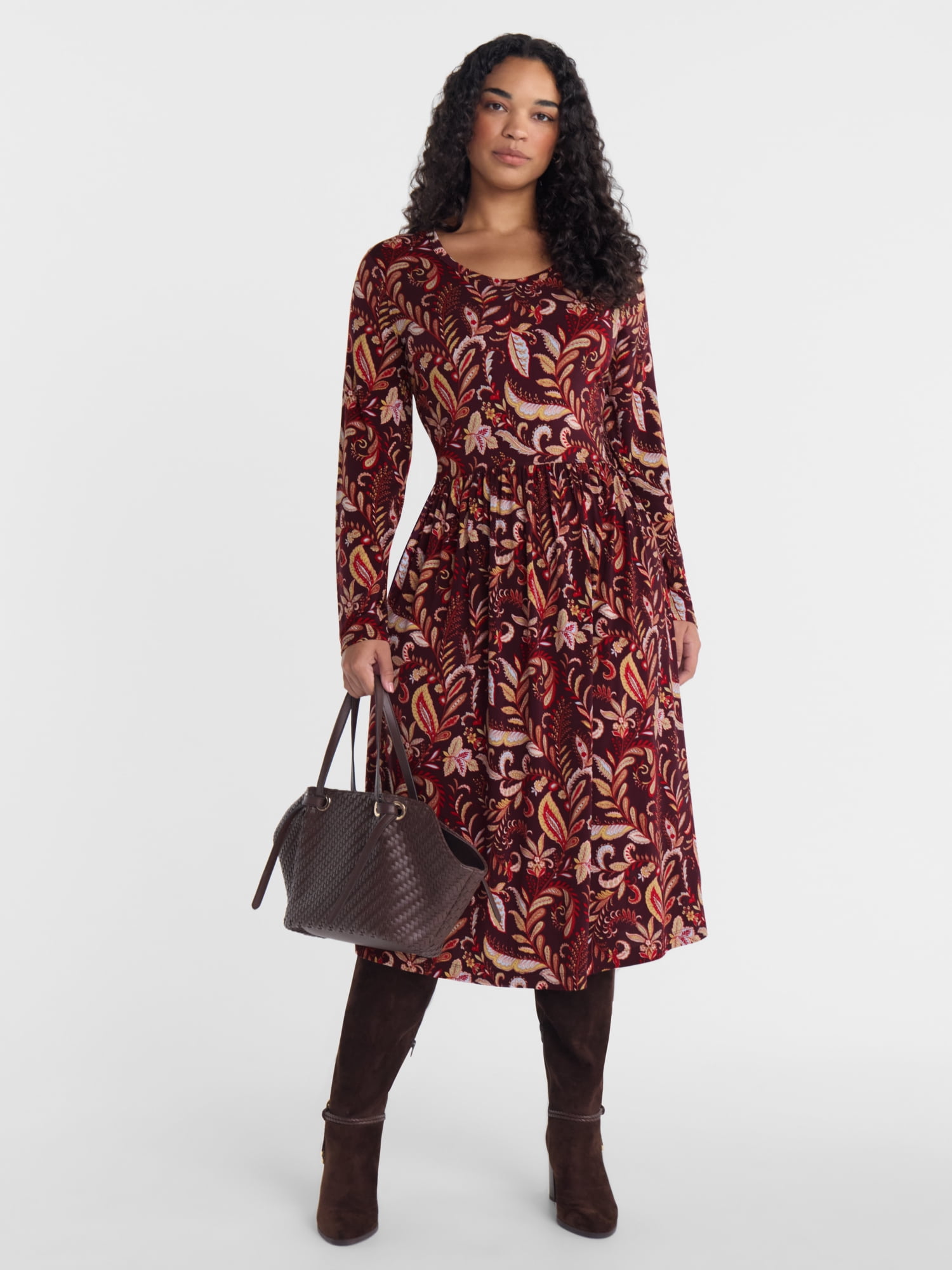 Scenario Women's Scoop Neck Midi Dress with Long Sleeves, Sizes XS-XXXL