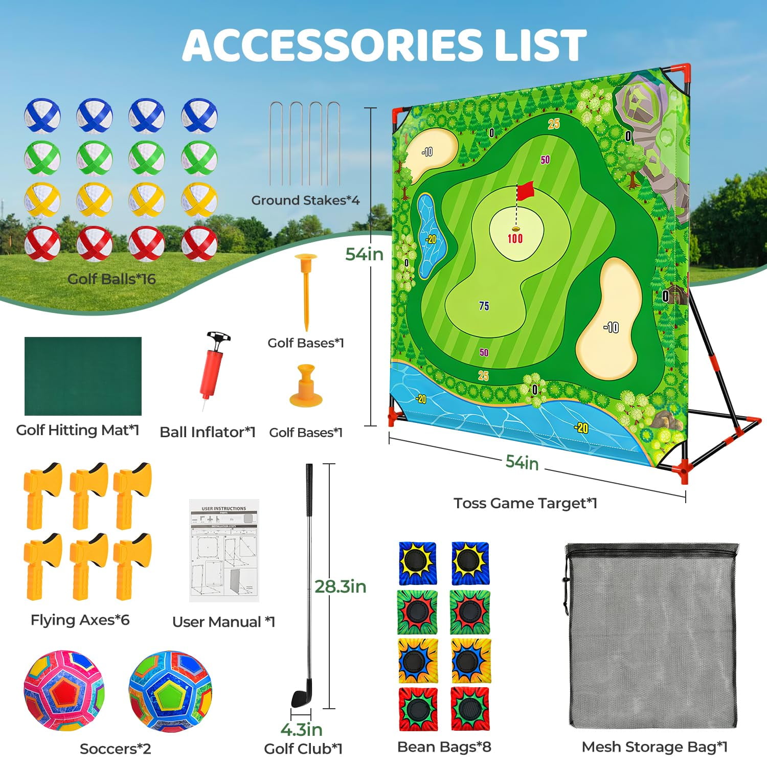 Mpow Golf Chipping Game-Golf Battle Game for Kids & Family, 54"x54" Golf Target Mat with 16 Sticky Balls, 8 Bean Bags, 6 Axes, 2 Soccer Balls, Fun for Outdoor Lawn, Backyard & Poolside Party