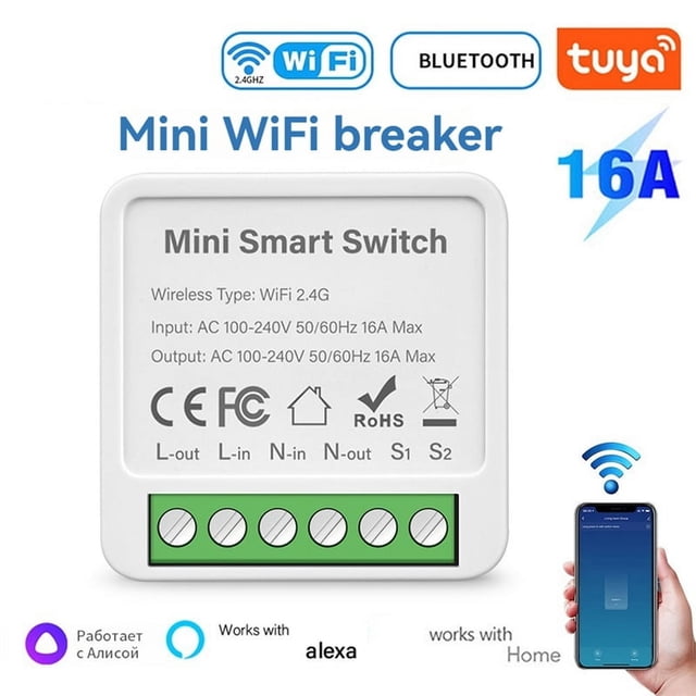 Mini Interruptor Inteligente 16A Módulo de Relé WiFi Interruptor Inteligente Interruptor de Luz Inalámbrico Control de Voz para Automatización del Hogar Inteligente