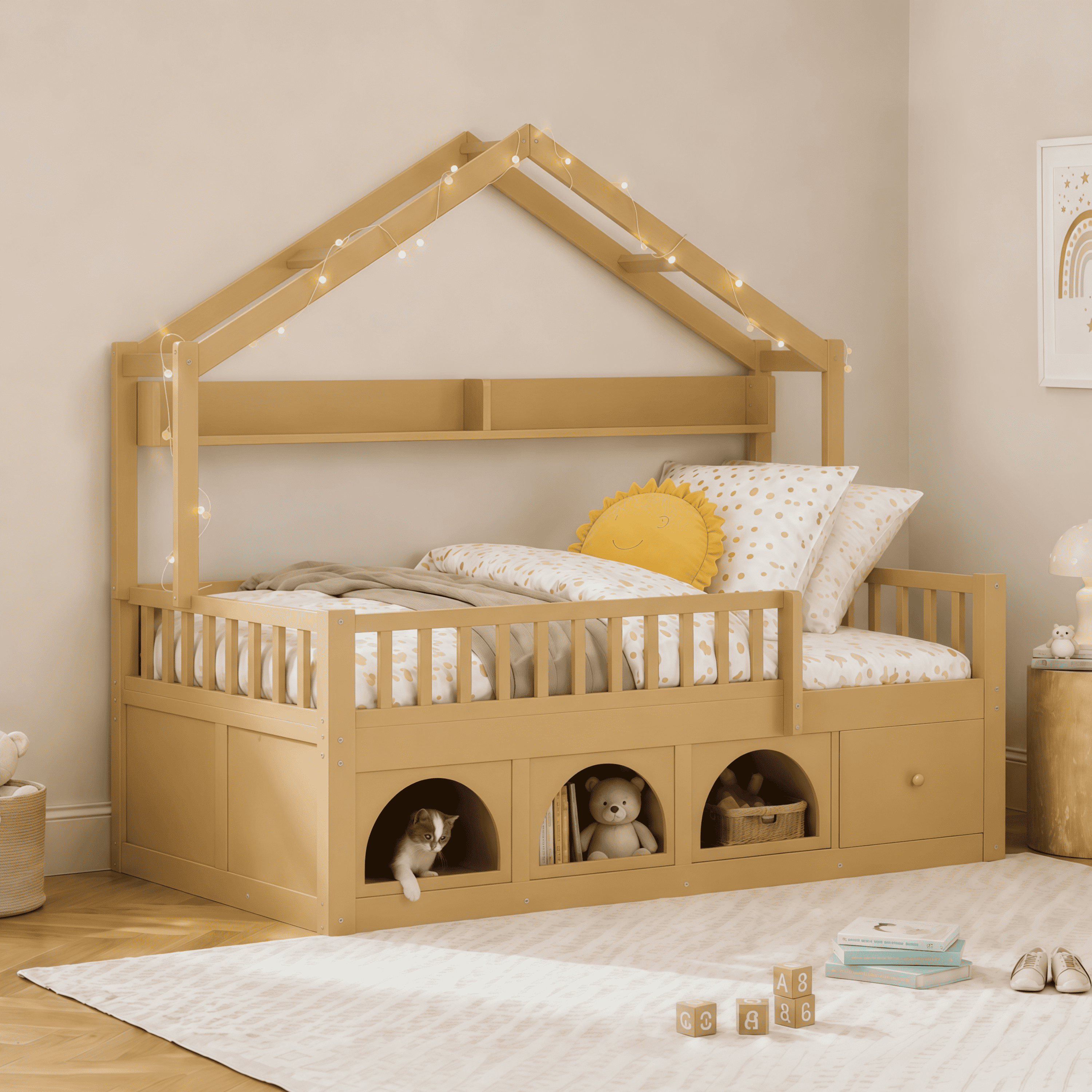 Euroco Wood Twin Size Platform Bed with Drawers and Cabinets, House Bed with LED Light and Bookshelf, Natural