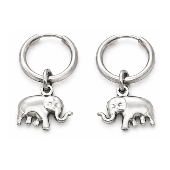 Dangle Elephant Hoop Earrings for Women 12mm Non-Plated Silver Tone Stainless Steel by Ginger Lyne