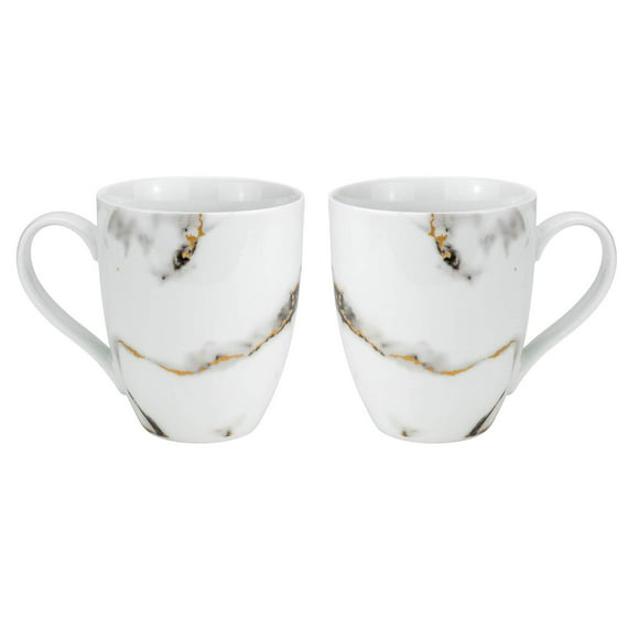 World Gifts 2-Piece Marble Design Coffee Mug Tea Cup Set - 24k Gold Plate Accent, Black