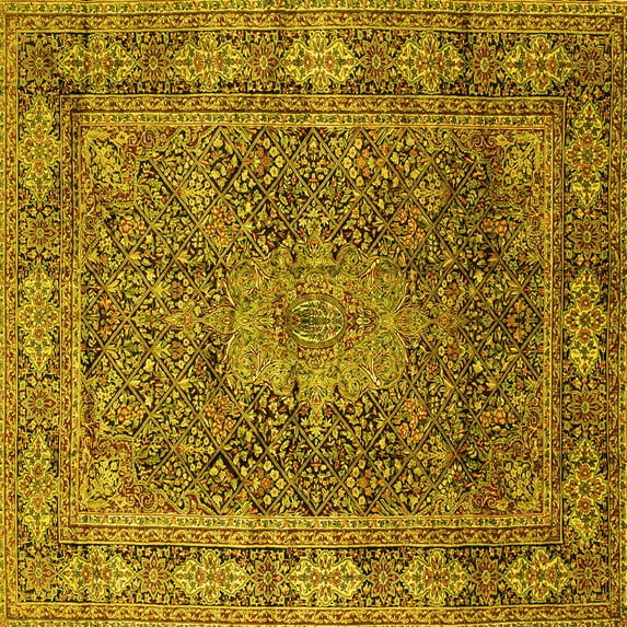 Ahgly Company Machine Washable Indoor Square Medallion Yellow Traditional Area Rugs, 7' Square