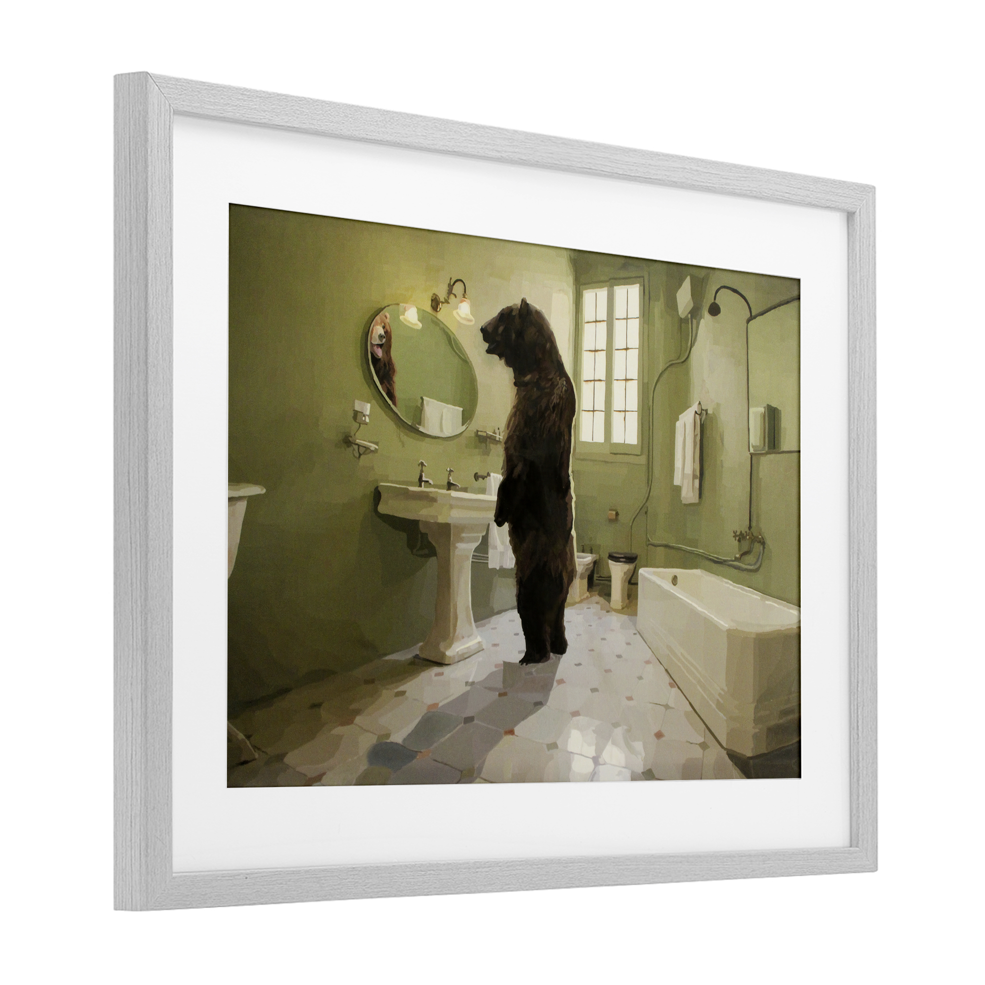 The Houseguest Bear in Bathroom Gray Framed Print Under Glass, design by Keith Thomson