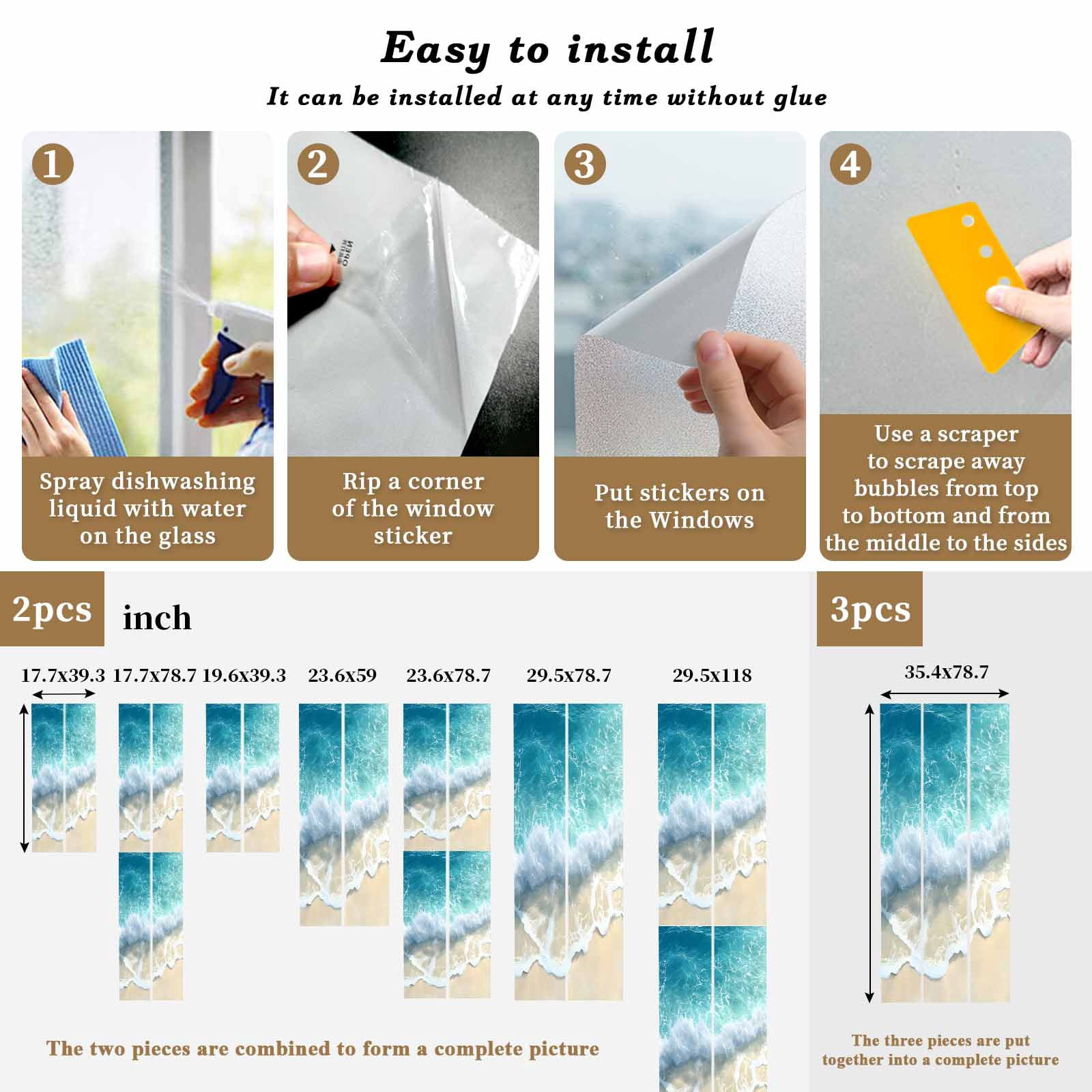 Blue Ocean Beach Waves Window Privacy Film Modern Art Decoration Decorative Glass Window Film UV Blocking Static Cling Non-Adhesive Sticker Covering for Home Door 35.4x78.7 inches