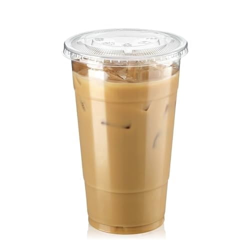Fit Meal Prep 100 Pack 24 oz Clear Plastic Cups with Flat Lids, Disposable Iced Coffee Cups, BPA Free Premium Crystal Smoothie Cup for Party, Lemonade Stand, Cold Drinks, Juice, Milkshake