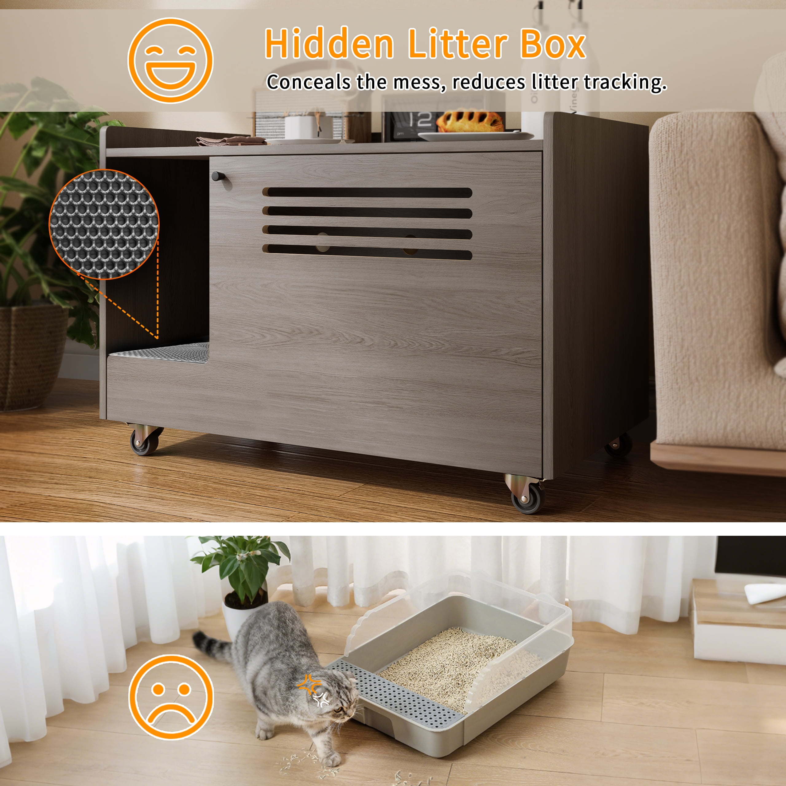 Dog Bed Gray Cat Litter Box Enclosure,Hidden Litter Box Furniture with top side fence,Wooden Pet House Side End Table, Storage Cabinet Bench for Living Room,,Bedroom, Fit Most of Litter Box,Orthopedi