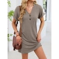 thumbnail image 4 of Robe T-Shirt Décontractée pour Femme à Col en V Mini Robes d'Été à Boutons à Manches Courtes Marron G, 4 of 10