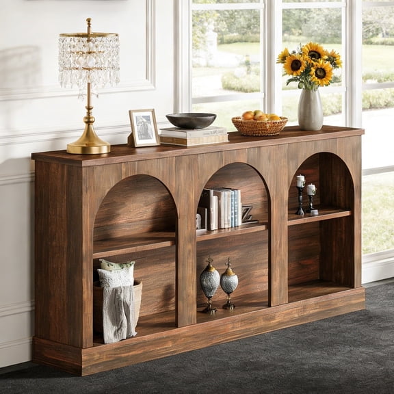 Fnova 63" Farmhouse Console Table, Wooden Entryway Table with 3-Tier Storage, Rectangular Sofa Table for Entrance, Hallway, Living Room, Behind Couch