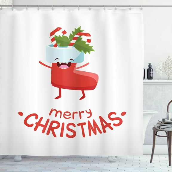 Ambesonne Christmas Shower Curtain, Happy Sock Candy Canes, 69"Wx70"L, Dark Pink and White