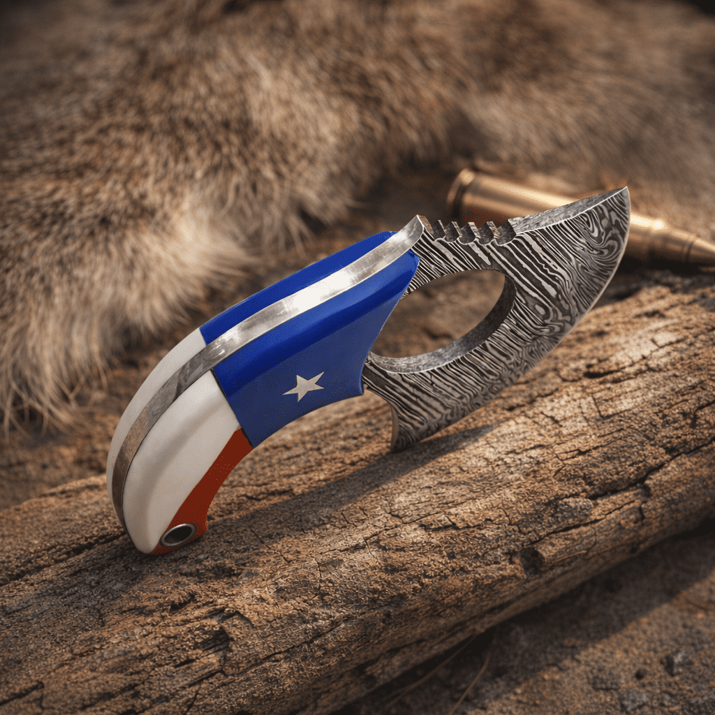 Hercules Knives Damascus Steel Ulu Knife, Fixed Blade Skinner Hunting Knife with Leather Sheath Texas Flag Resin Handle