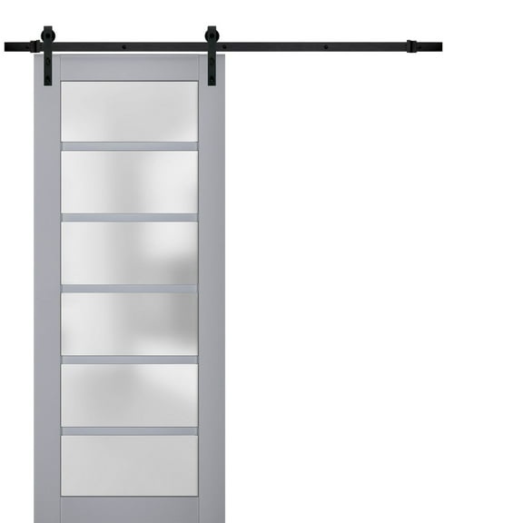 Sturdy Barn Door Frosted Glass | Veregio 7602 Matte Grey | 6.6FT Rail Hangers Heavy Hardware Set | Solid Panel Interior Doors-36" x 96"-Black Rail