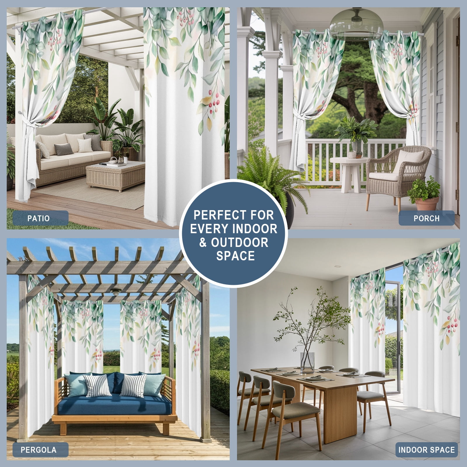 Outdoor Curtains for Patio Waterproof, Eucalyptus Windproof Pravicy Outside Porch Blackout Curtain, Retro Green Spring Botanical Leaf Red Fruit Sun Blocking Grommets Curtains for Cabana 54"x108"