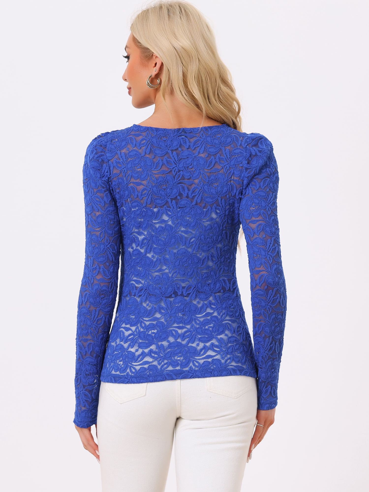 DARING DIVA Semi Sheer Puff Sleeve Vintage Top S Royal Blue