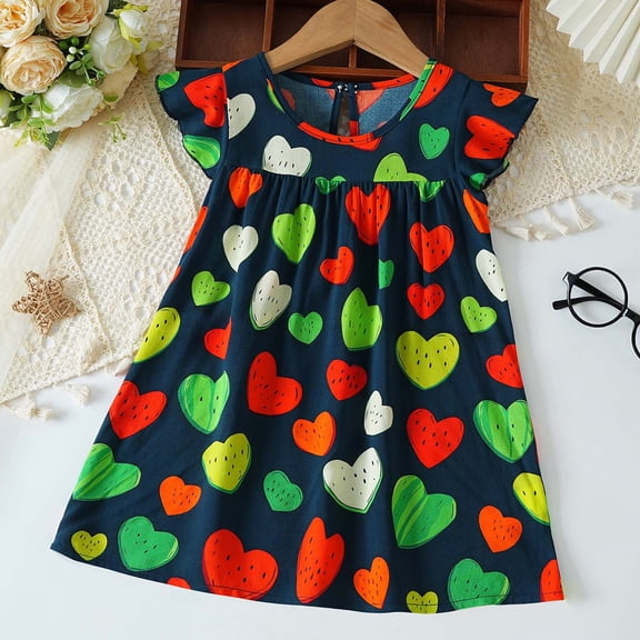 Guzomy Kids Girl Casual Sundress, 18-24M Kids Girl Flutter Sleeve Watermelon Heart Print Multicolor Breathable Summer Daily Dress