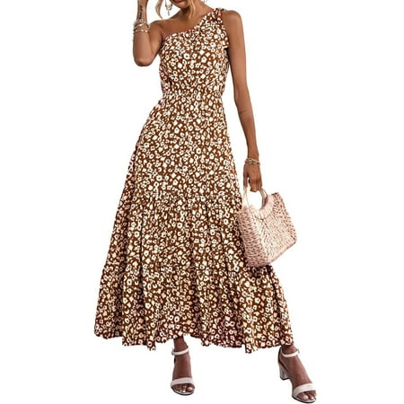 

aturustex Women s Summer One Shoulder Sleeveless Floral Print Boho Style Dress Corset Ruffle Swing Beach Long Dress