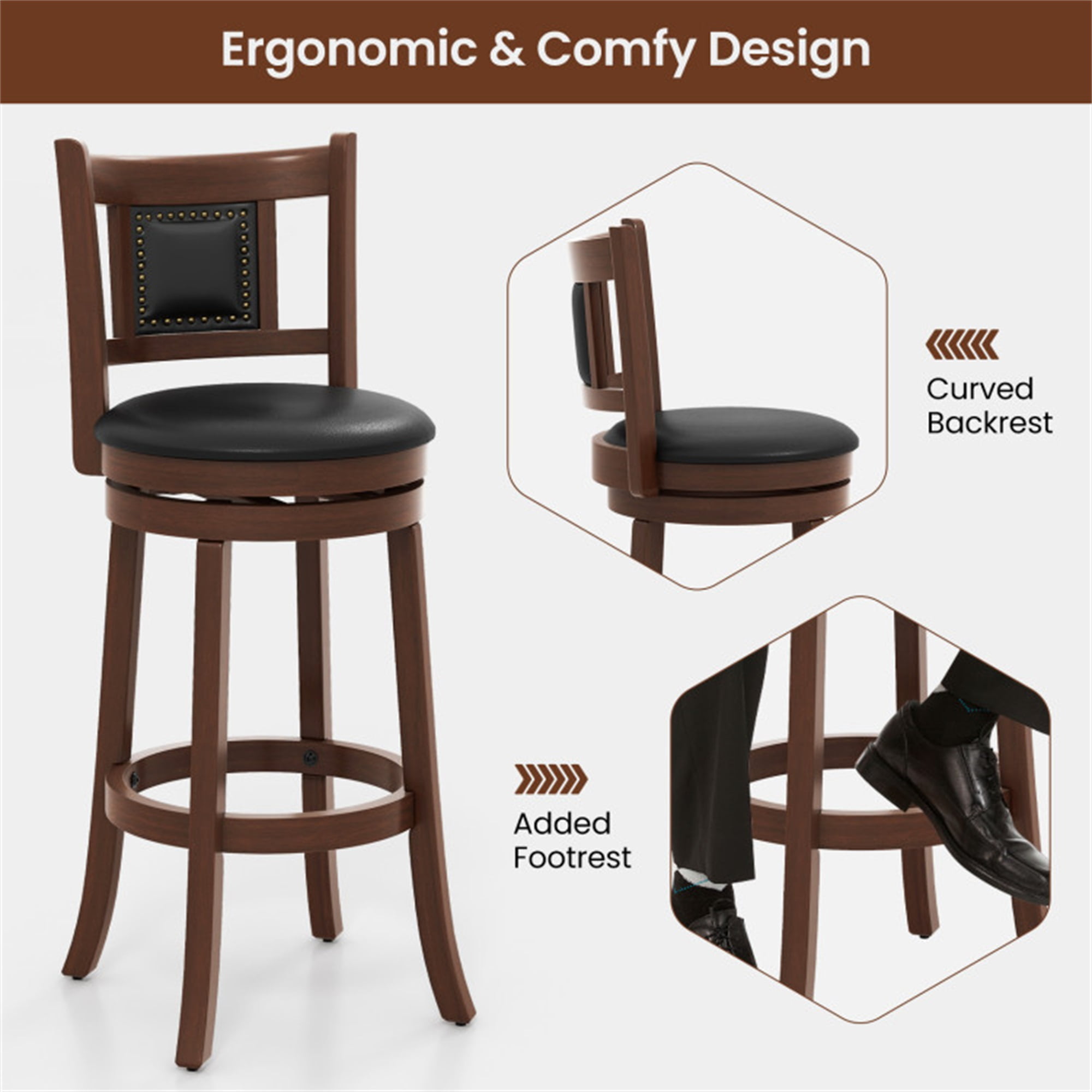 Demi Bonn 30.5" Set of 2 Upholstered Bar Stools with Curved Backrest and Footrest, Modern Kitchen Dining Chair, Brown