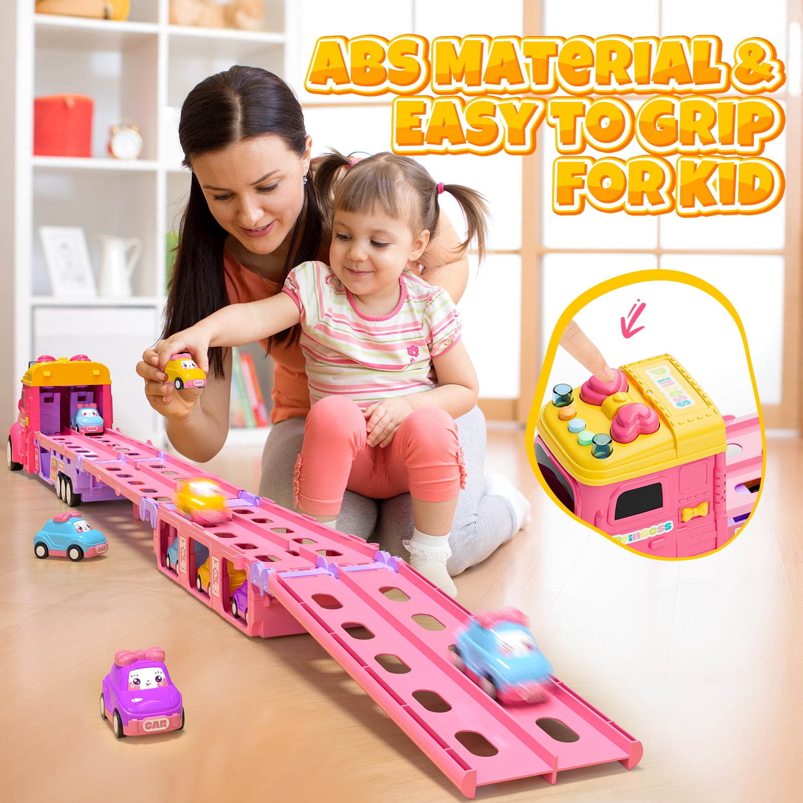 UUSUOO Truck Toys for Girls,9 IN 1 Pink Princess Toys Carrier Truck Race Track Toys for Kids,Foldable Transport Truck with Lights & Music,Christmas Birthday Toys Gift for Girls 3 4 5 6+
