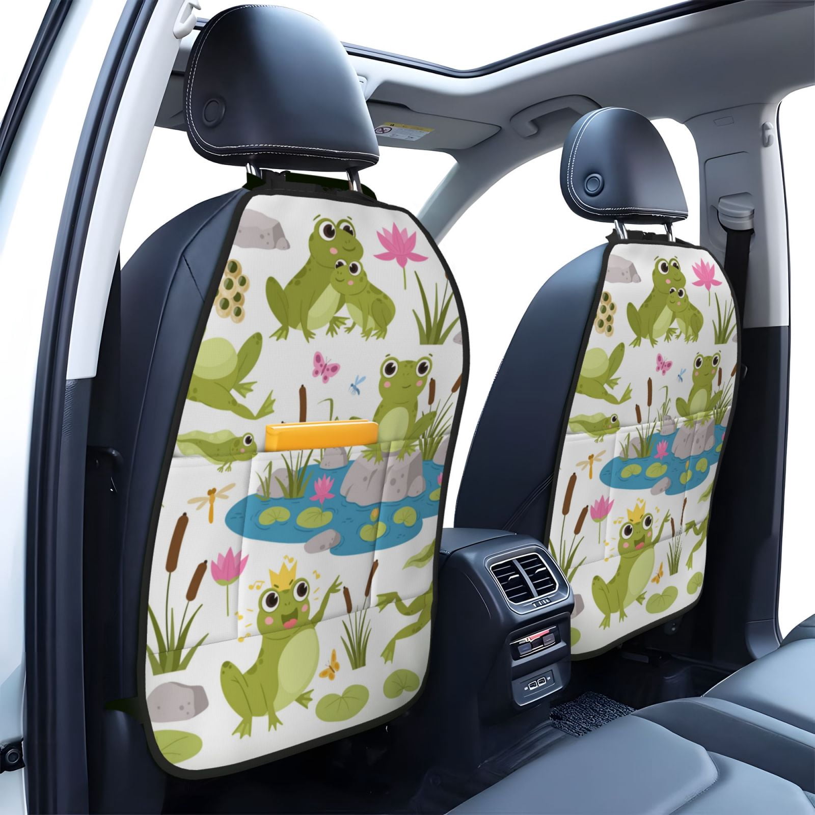 Xecao Cartoon Frogs Pattern Car Seat Back Protector 2 Pack Large Capacity Pocket, Kick Mats Back Seat Protector