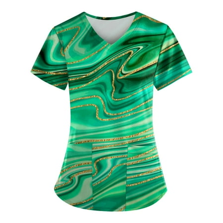 

QAZXD Womens 2023 Summer Tops Short Sleeve V-Neck T Shirts Printed Scrubs for Women with Pockets