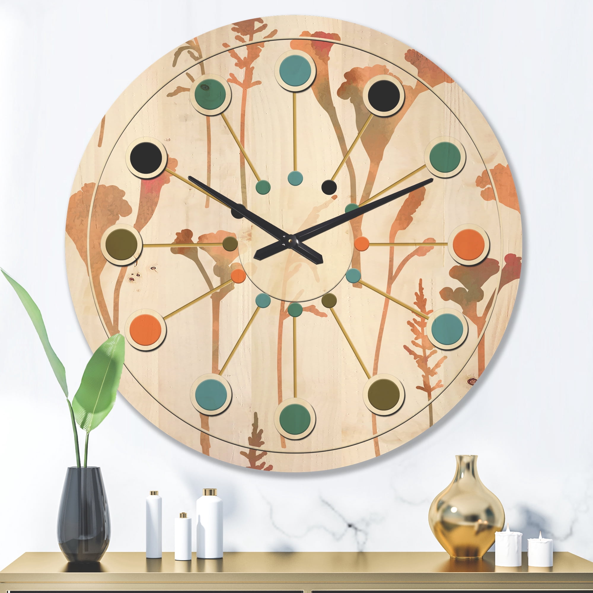 Designart 'Retro Flowers Pattern I' Mid-Century Modern Wood Wall Clock