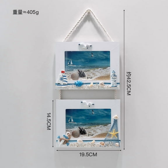 Sinkoo Hanging Collage Picture Frames Wall Decor for 6"x4" Photos, Seashell Photo Frame, Coastal Decor, Rustic Beach Theme Home Decor(16.7x7.7in)
