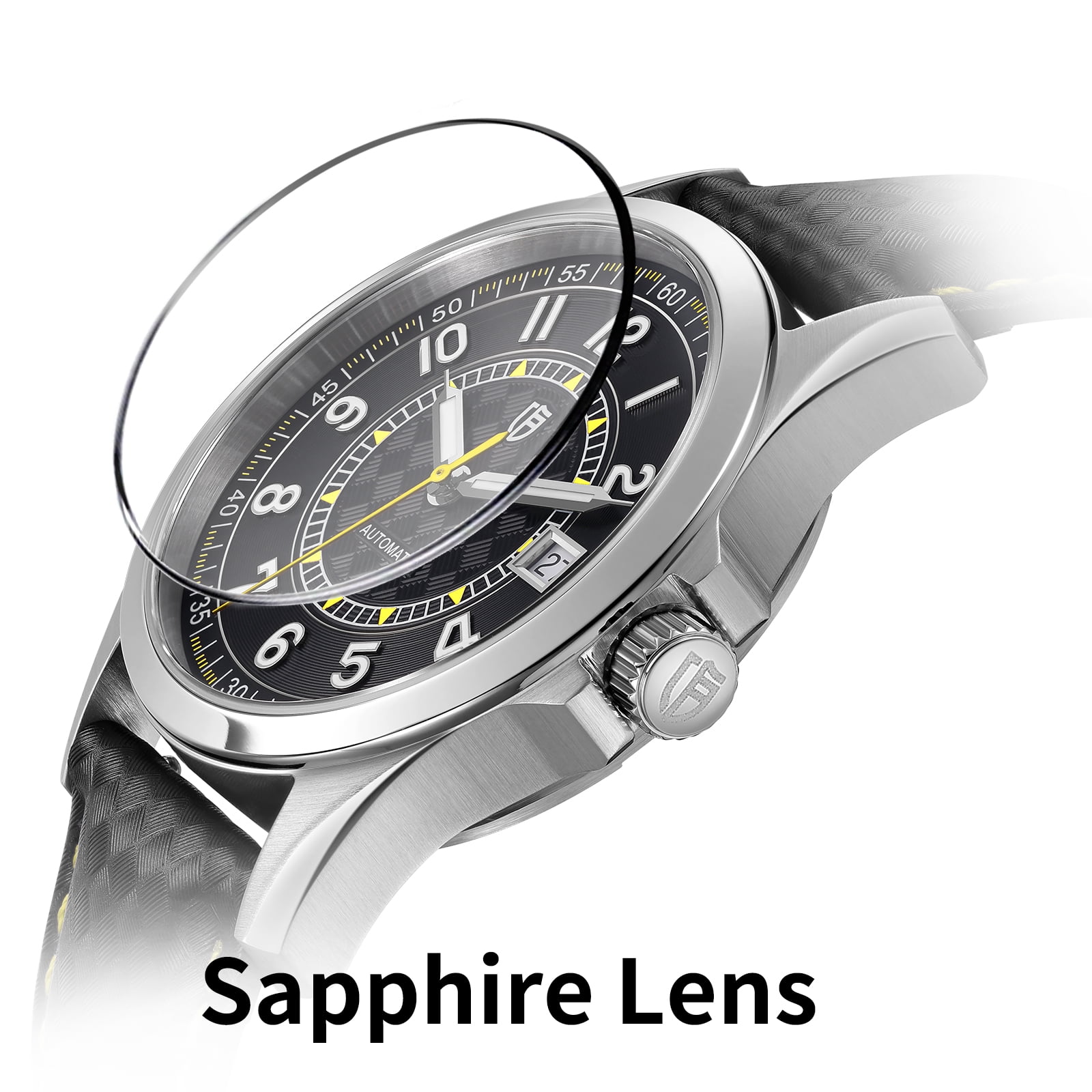 BERNY Men's Automatic Watch, Leather Strap Mechanical Watch with Date, Super Luminous, Sapphire Crystal, 10ATM Waterproof, Fashion Casual Wristwatch for Men (Yellow)