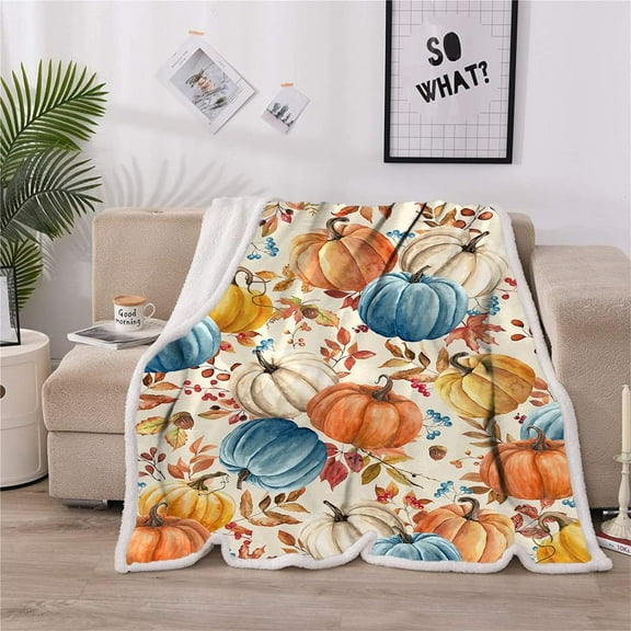 Fall Pumpkins Throw Blanket, Autumn Orange White Blue Pumpkins Leaves and Berries Soft Warm Fleece Blanket for Living Room Couch Bed Chair or Dorm