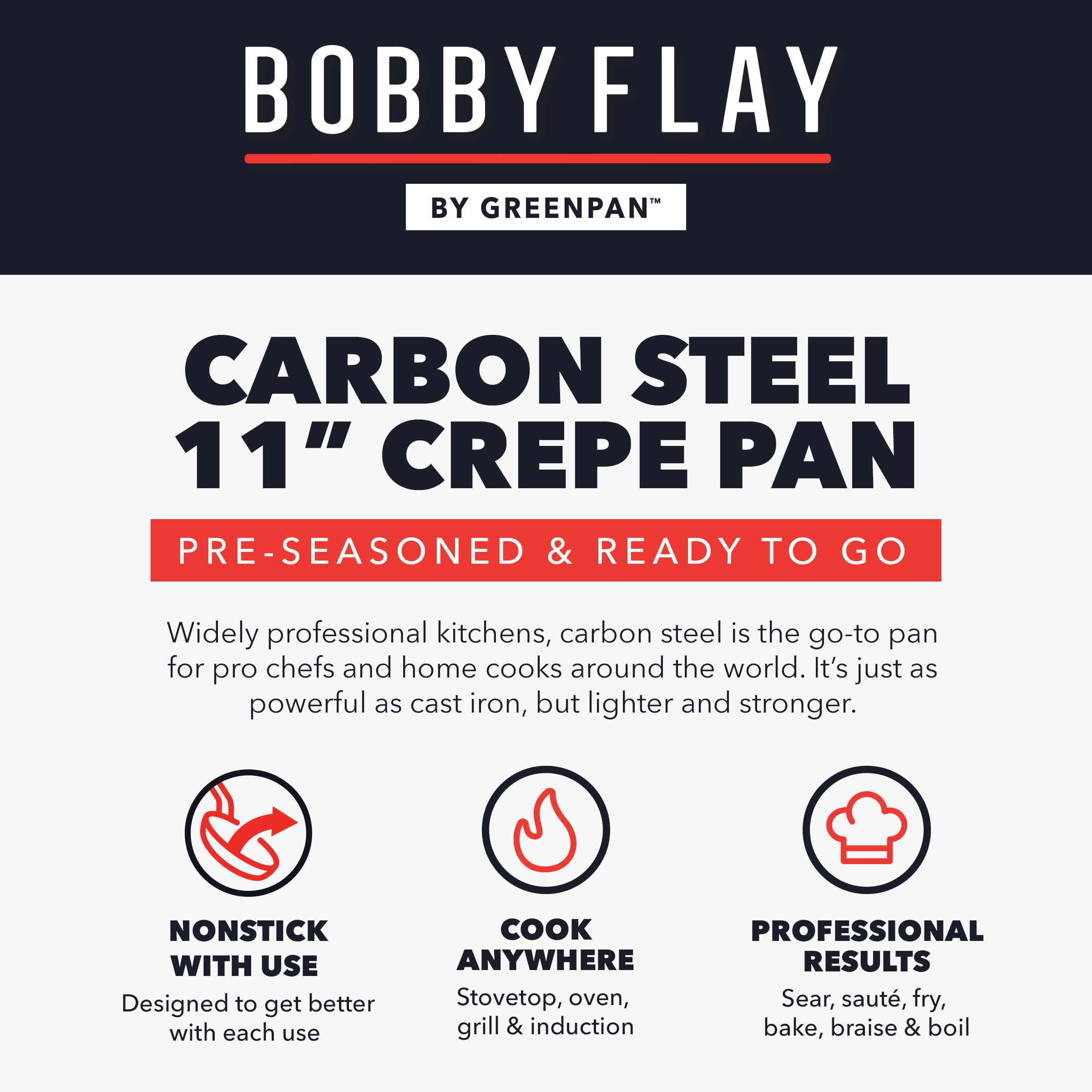 GreenPan Bobby Flay 11" Carbon Steel Crepe Pan, Pre-Seasoned, Nontoxic, Induction Compatible, Omelet Flat Griddle