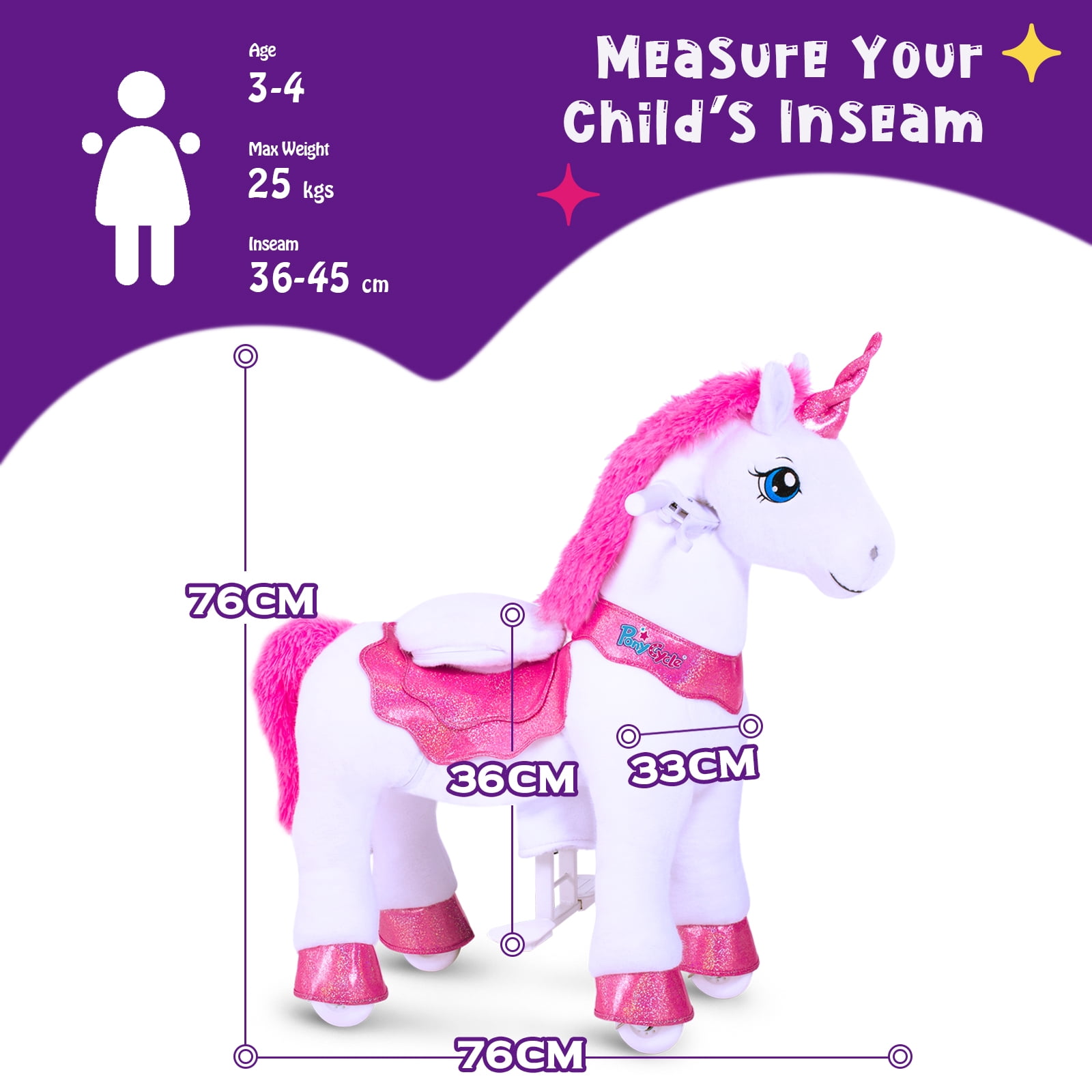PonyCycle Kid-Powered Ride-On Unicorn Toy, No Battery, Hand Brake, Ages 3–4, Pink, E312