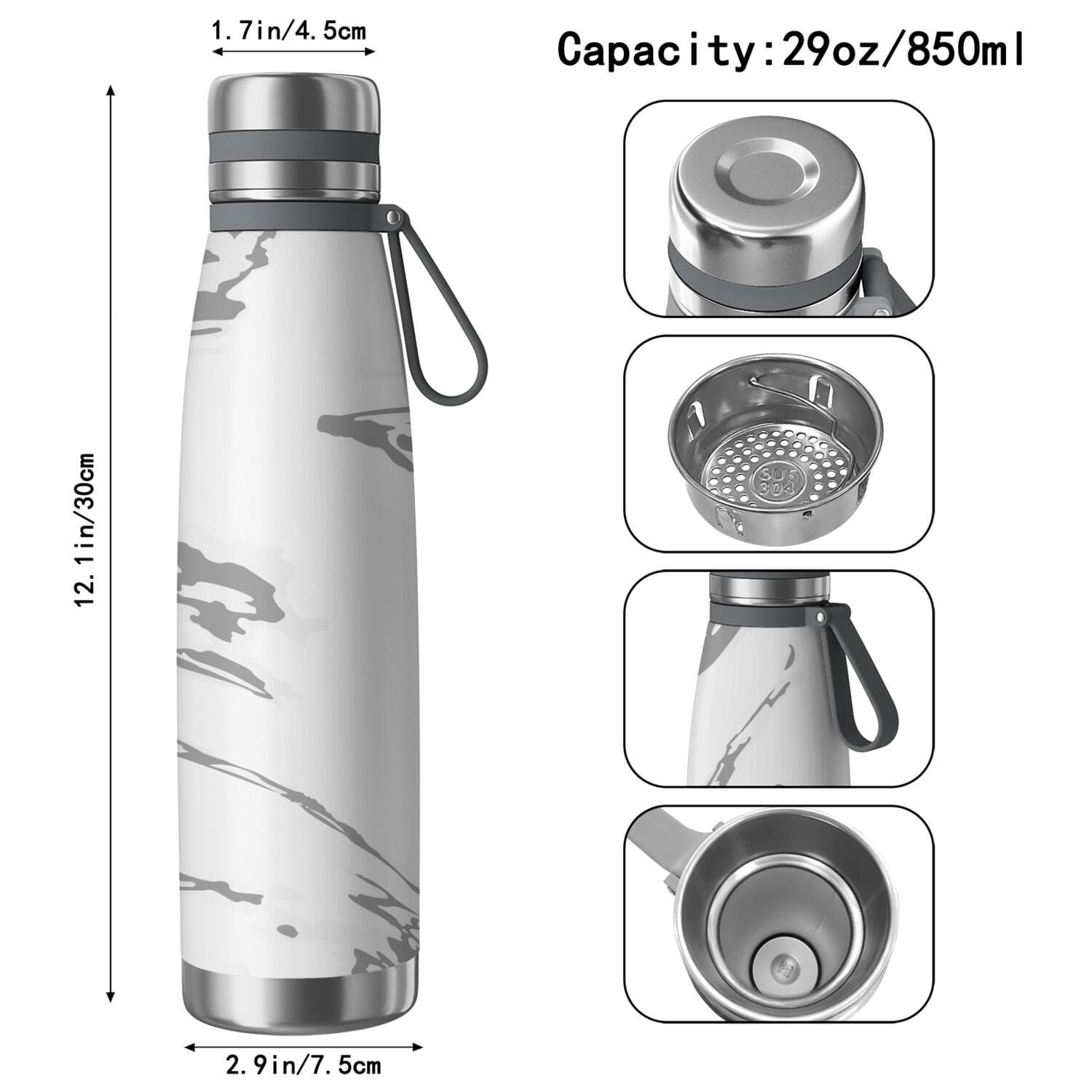 29oz Insulated Water Bottle with Tea Infuser, Stainless Steel Travel Mug, Liquid & Marble Print