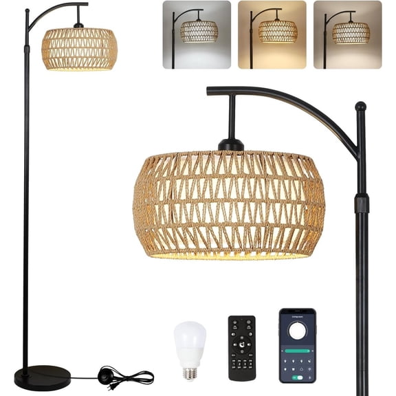 Black Arc Floor Lamp with Remote Control Dimmable LED Bulb 3 Color Temperatures Rattan Fabric Double Drum Shade Boho Farmhouse Tall Standing Lamp for Living Room Bedroom