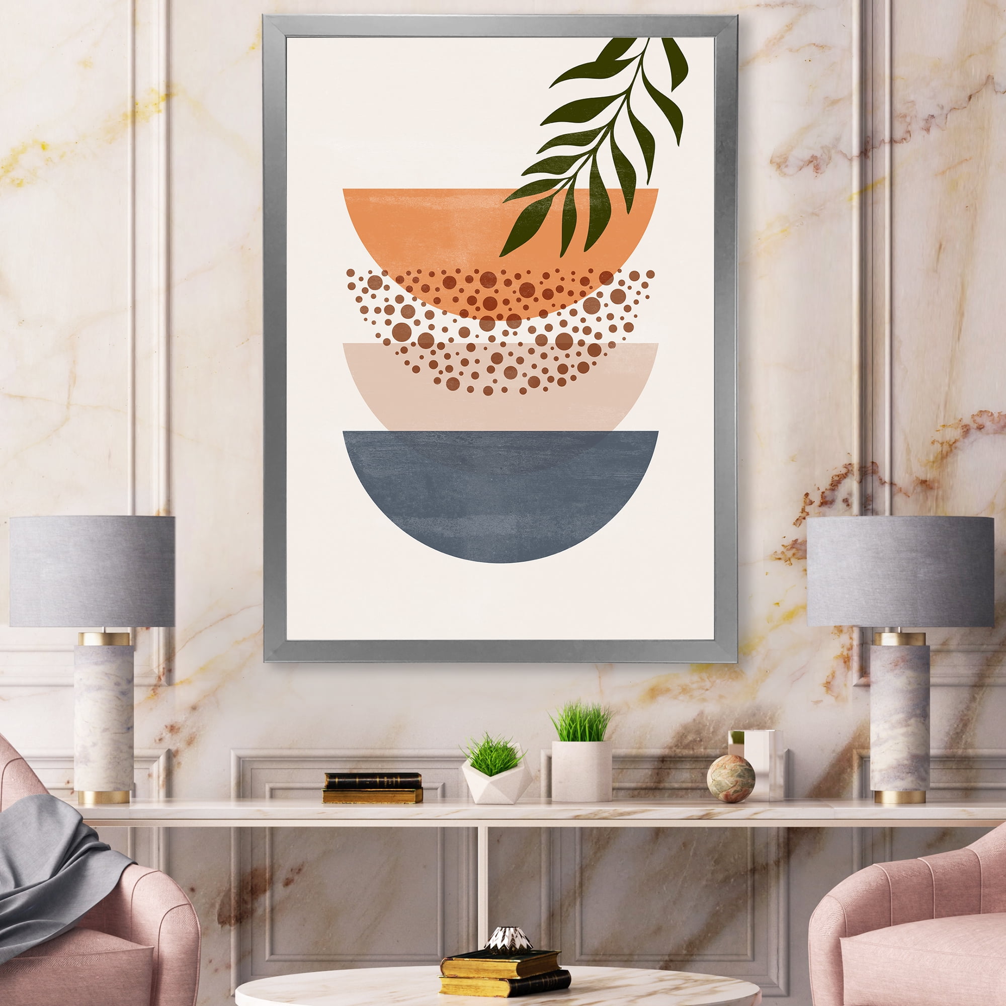 Designart 'Abstract Geometrical Moon and Sun With Leaf III' Modern Framed Art Print