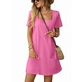 thumbnail image 3 of Ladies Solid Color Square Neck Short Sleeve Fashion Casual Pocket Dress Rose Red S, 3 of 9