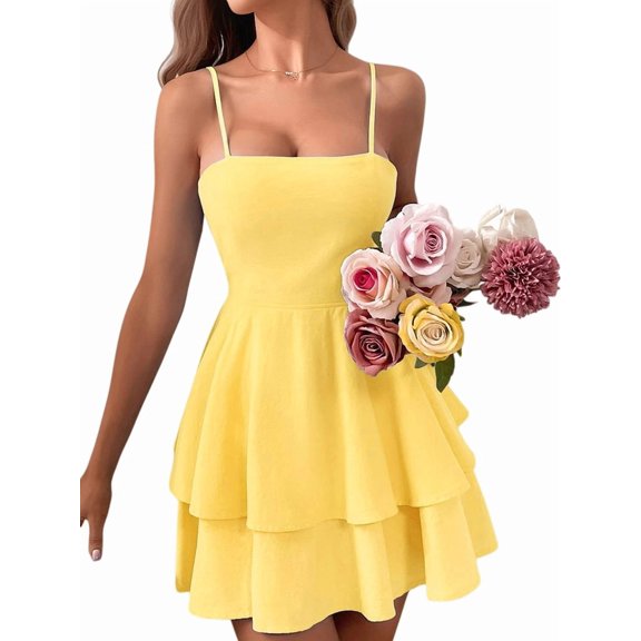 Women'S Backless Bow-Knot Tie Spaghetti Strap Mini Dress Club Party Dresses Golden Yellow M
