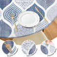 thumbnail image 4 of Blue and White Geometric Quatrefoil Pattern Round Fitted Tablecloth with Elastic Edge,Dining Table Cover Waterproof,Outdoor Round Tablecloth for Camping,Dining,Indoor and Outdoor, 4 of 7