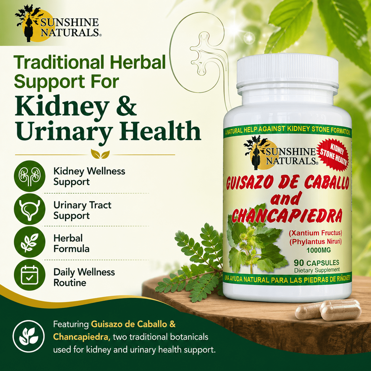 Sunshine Naturals Guisazo de Caballo and Chancapiedra, Kidney Stone Breaker, Dietary Supplements, 90 Capsules