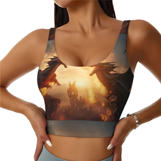 Balery Castle Cool Fire Dragon Sujetadores deportivos con espalda cruzada para mujer, acolchados, sin costuras, de alto impacto, ideales para yoga, gimnasio, entrenamiento y fitness.-Large