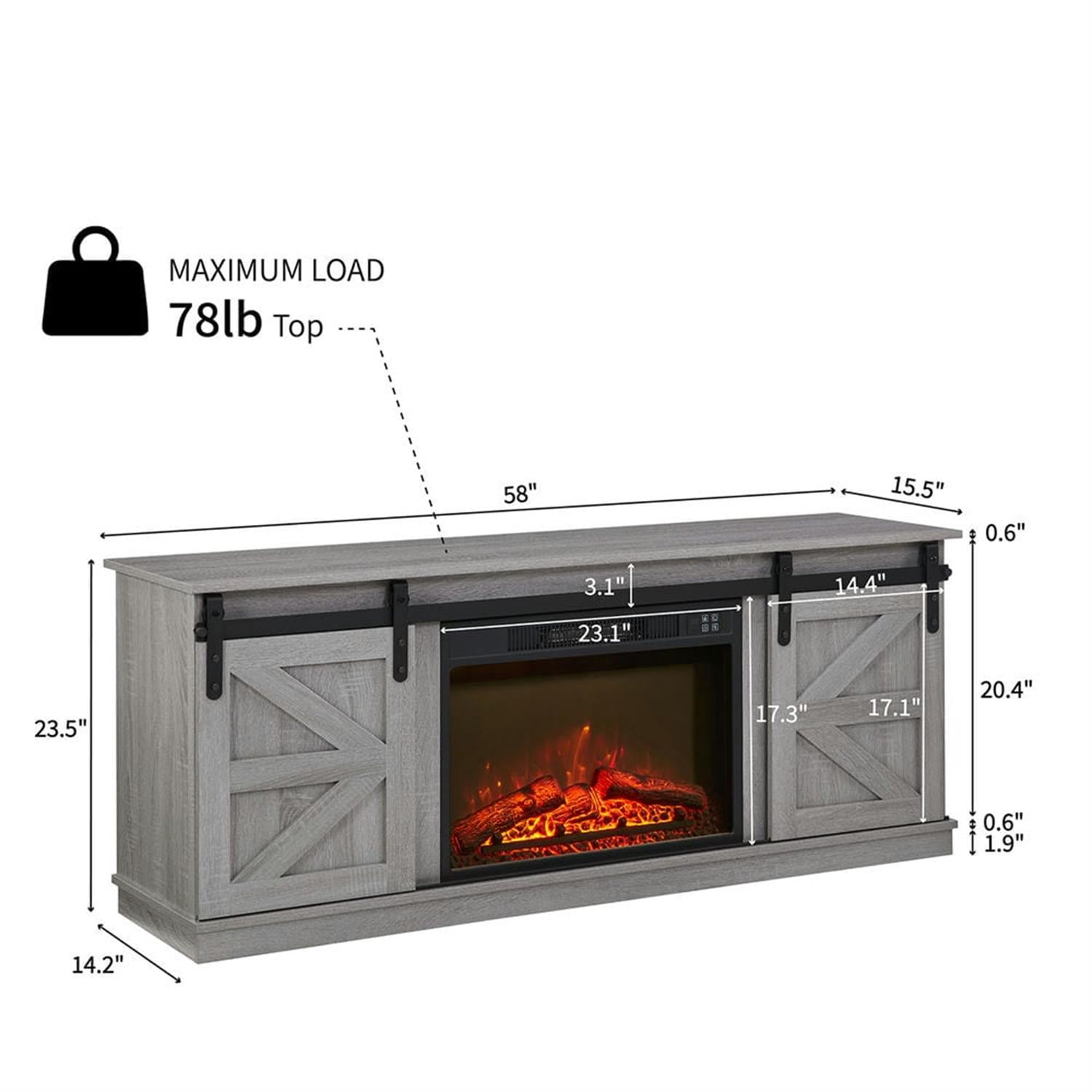 Demi Bonn Modern Fireplace TV Stand for Television up to 65" with Storage and Farmhouse Sliding Barn Doors, Entertainment Center with Cabinet and Shelves, Gray