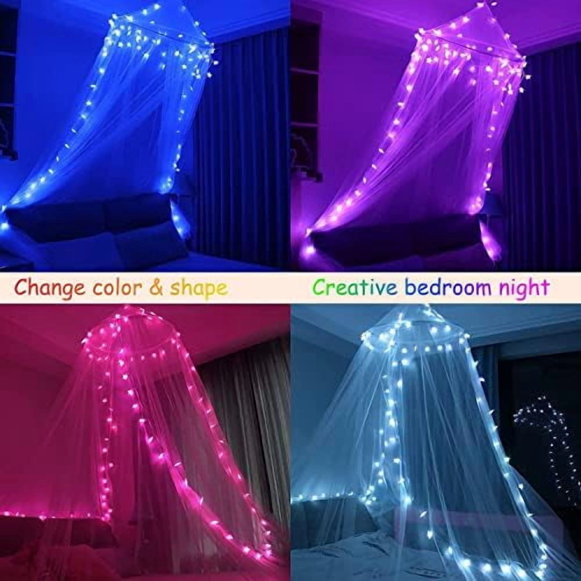 Bed Canopy with LED Star Lights, Princess Canopy Bed Curtain with 18 Colors Changing String Lights Remote Timer for Girls Bedroom, Pink Red Blue White Dome Canopy for Twin to King Size Bed