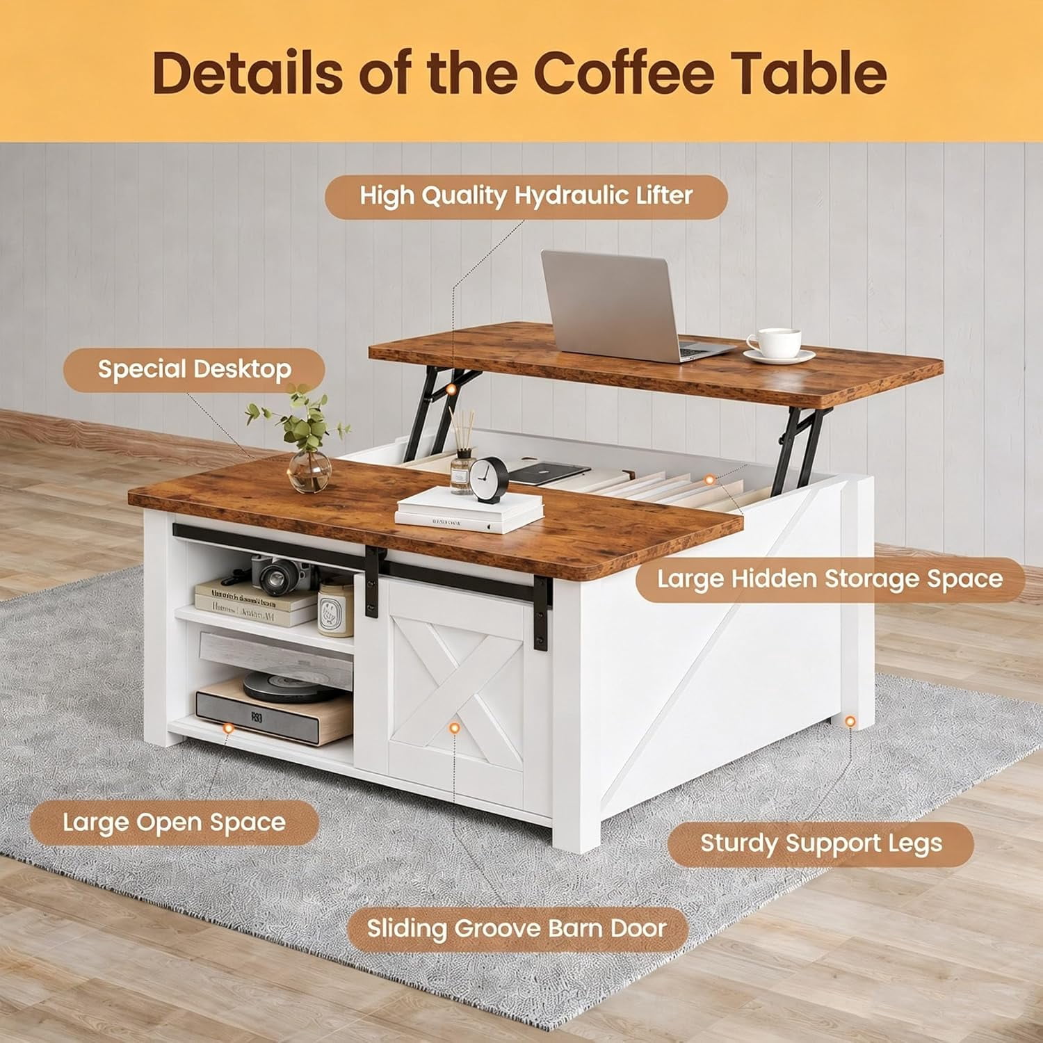 Lift Top Coffee Table with Storage, Farmhouse Coffee Table for Living Room, Coffee Table with Hidden Storage, Coffee Table with Lifting Top Center Table for Living Room