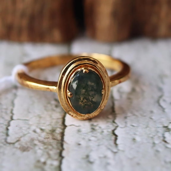 Green Moss Agate, Ellipse Cut Solitaire Ring, Dainty Mossy Agate Ring, Nature Inspired Wedding, Engagement Ring, Bridal Gift For Women