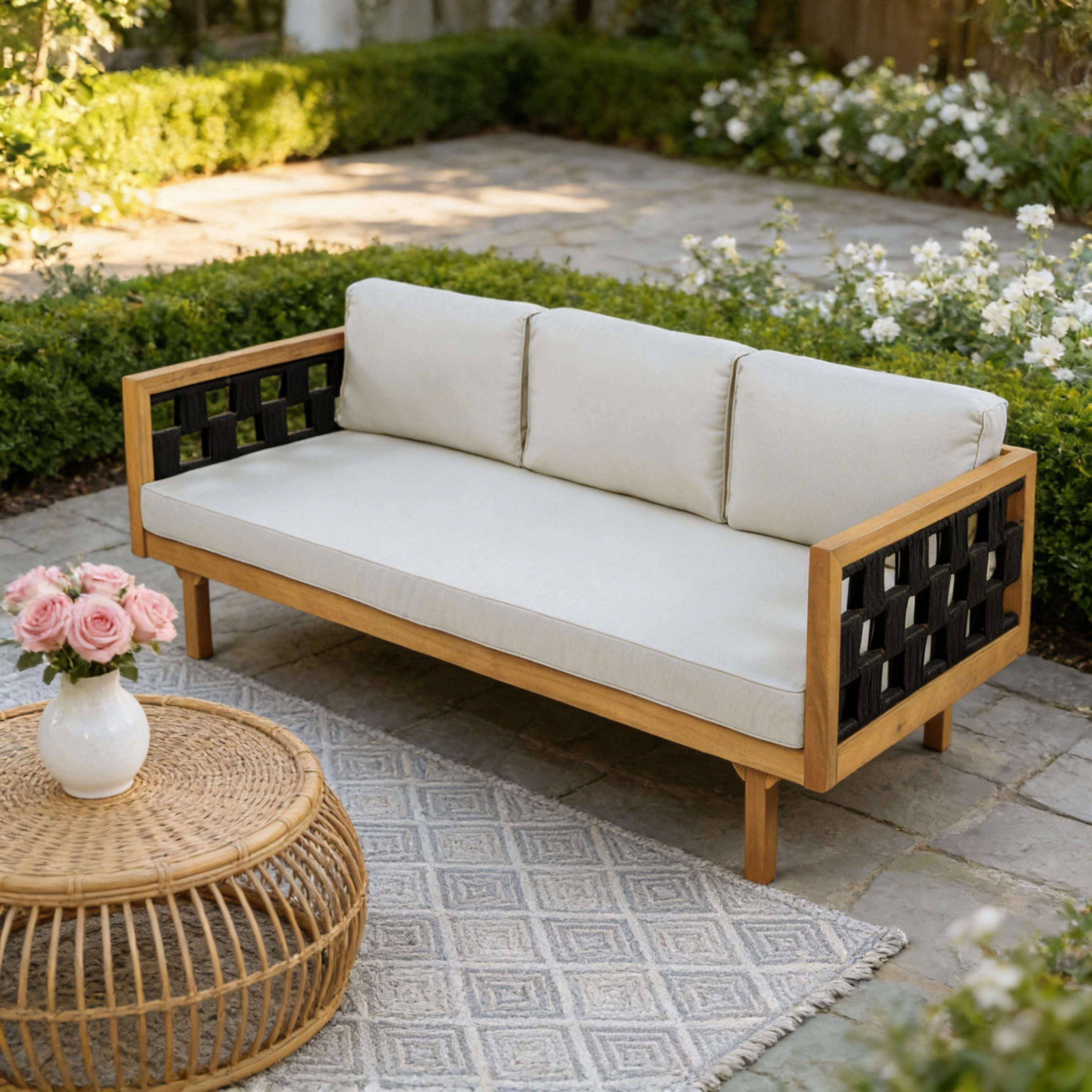 Three-Seater Daybed, Outdoor Acacia Wood Teak Finish Daybed with Light Grey Cushions for Patio Garden, Teak